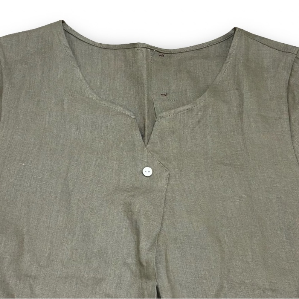 100% Linen Olive Green Taupe Midi Cap Sleeve Dress With Pockets Size M - Picture 3 of 6